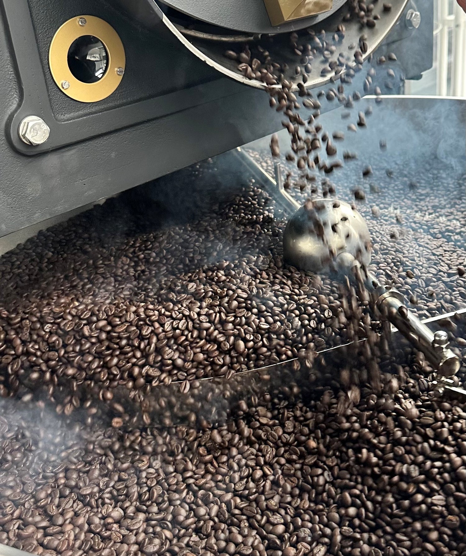 Frisch geröstete Kaffeebohnen die umgekippt werden