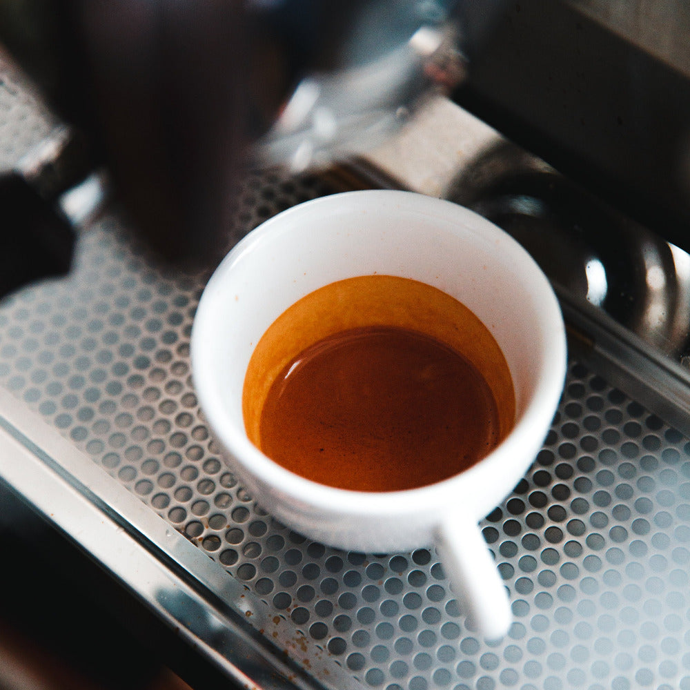 Frisch zubereiteter Espresso in einer weißen Tasse auf der Abtropffläche einer Siebträgermaschine.