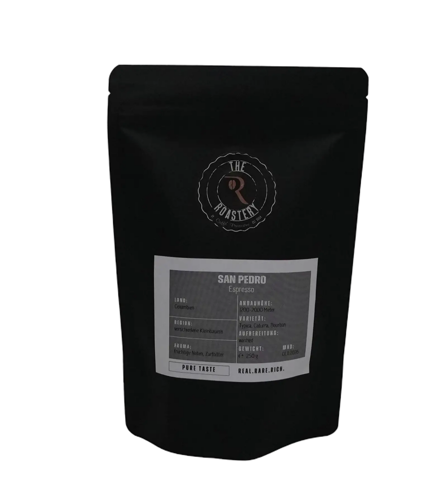 Schwarzer Standbodenbeutel „San Pedro Espresso“ von The Roastery mit Produkt- und Herkunftsinformationen auf dem Etikett, 250 g.