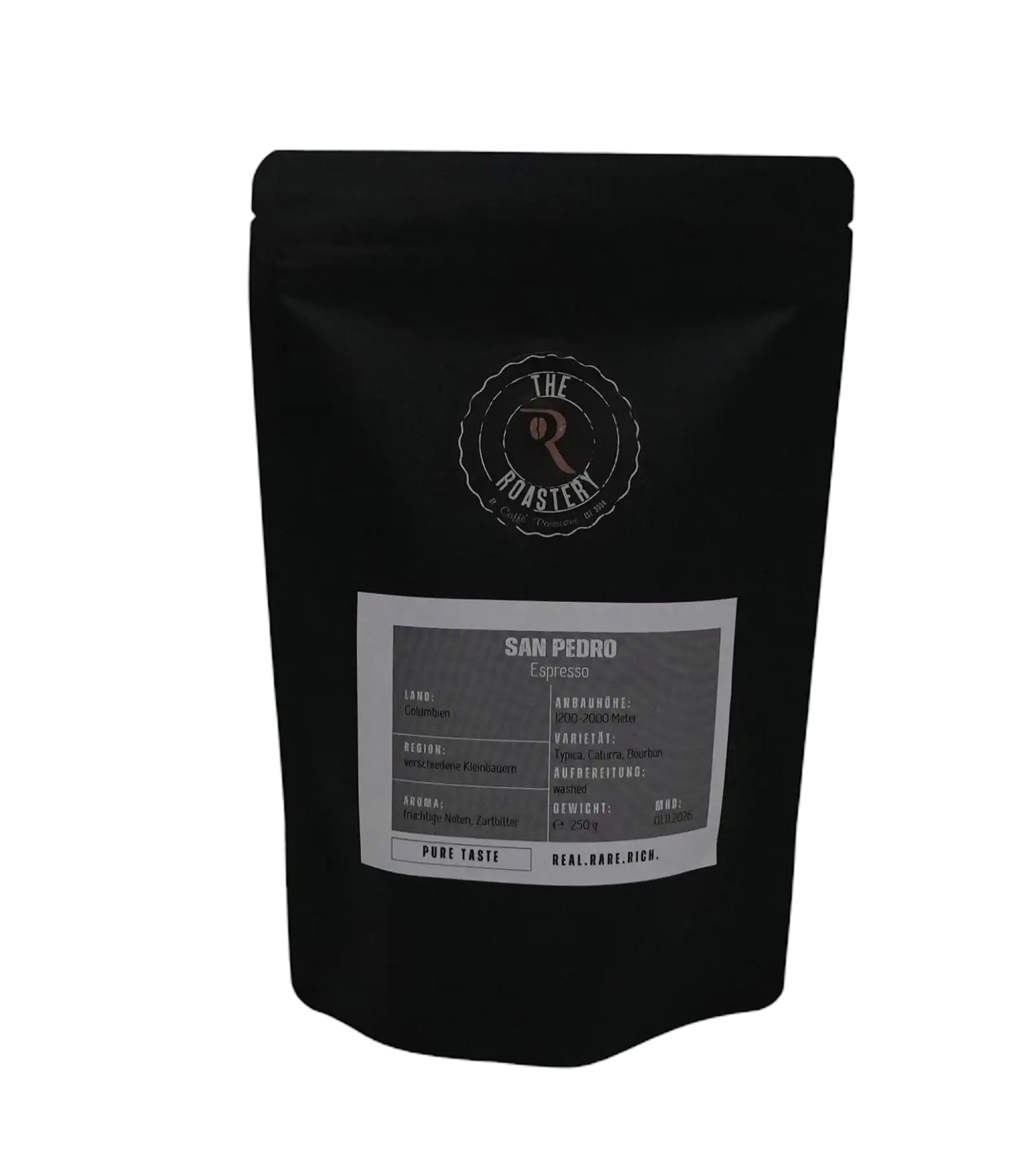 Schwarzer Standbodenbeutel „San Pedro Espresso“ von The Roastery mit Produkt- und Herkunftsinformationen auf dem Etikett, 250 g.