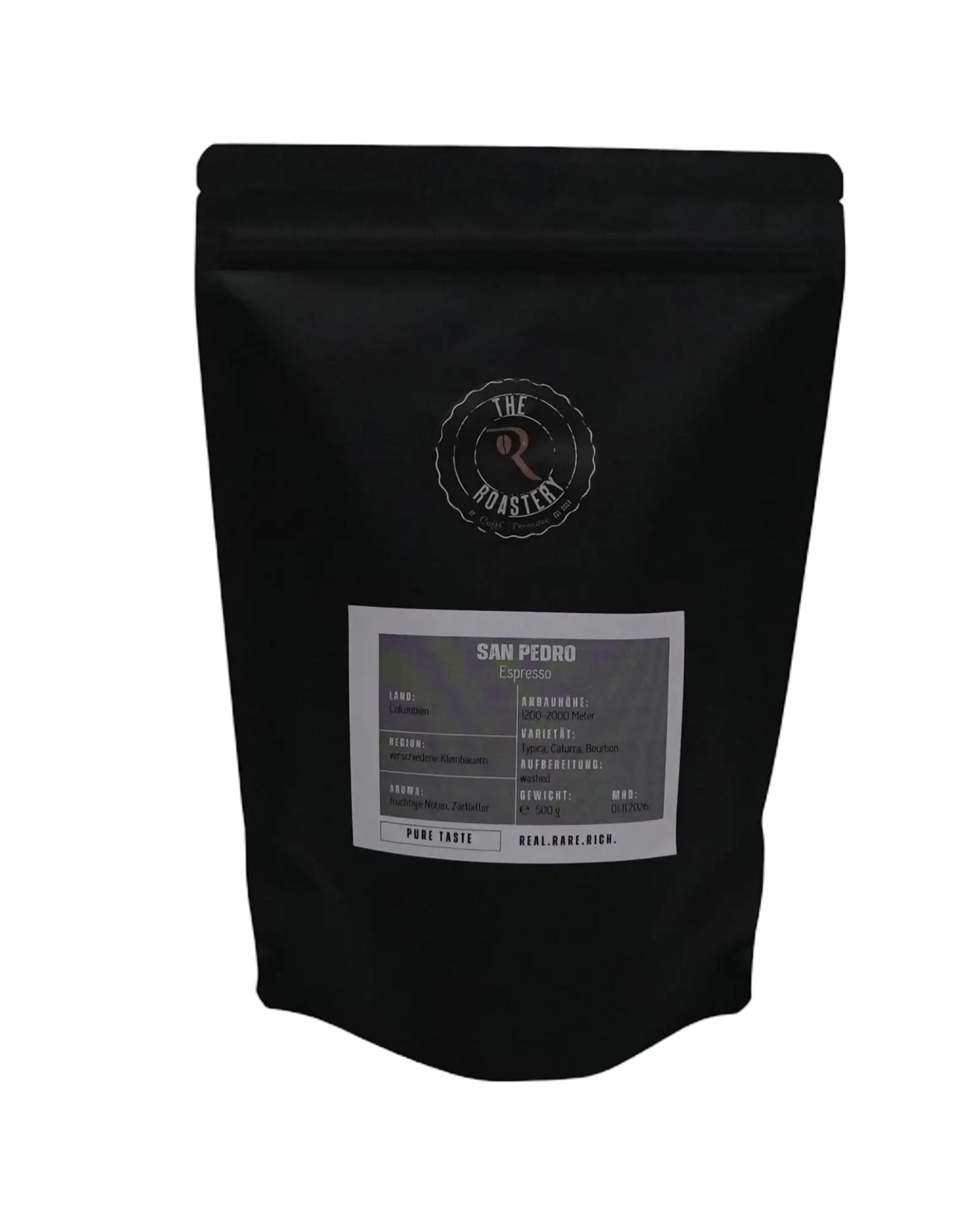 Schwarzer Standbodenbeutel „San Pedro Espresso“ von The Roastery mit Produkt- und Herkunftsinformationen auf dem Etikett, 500 g.